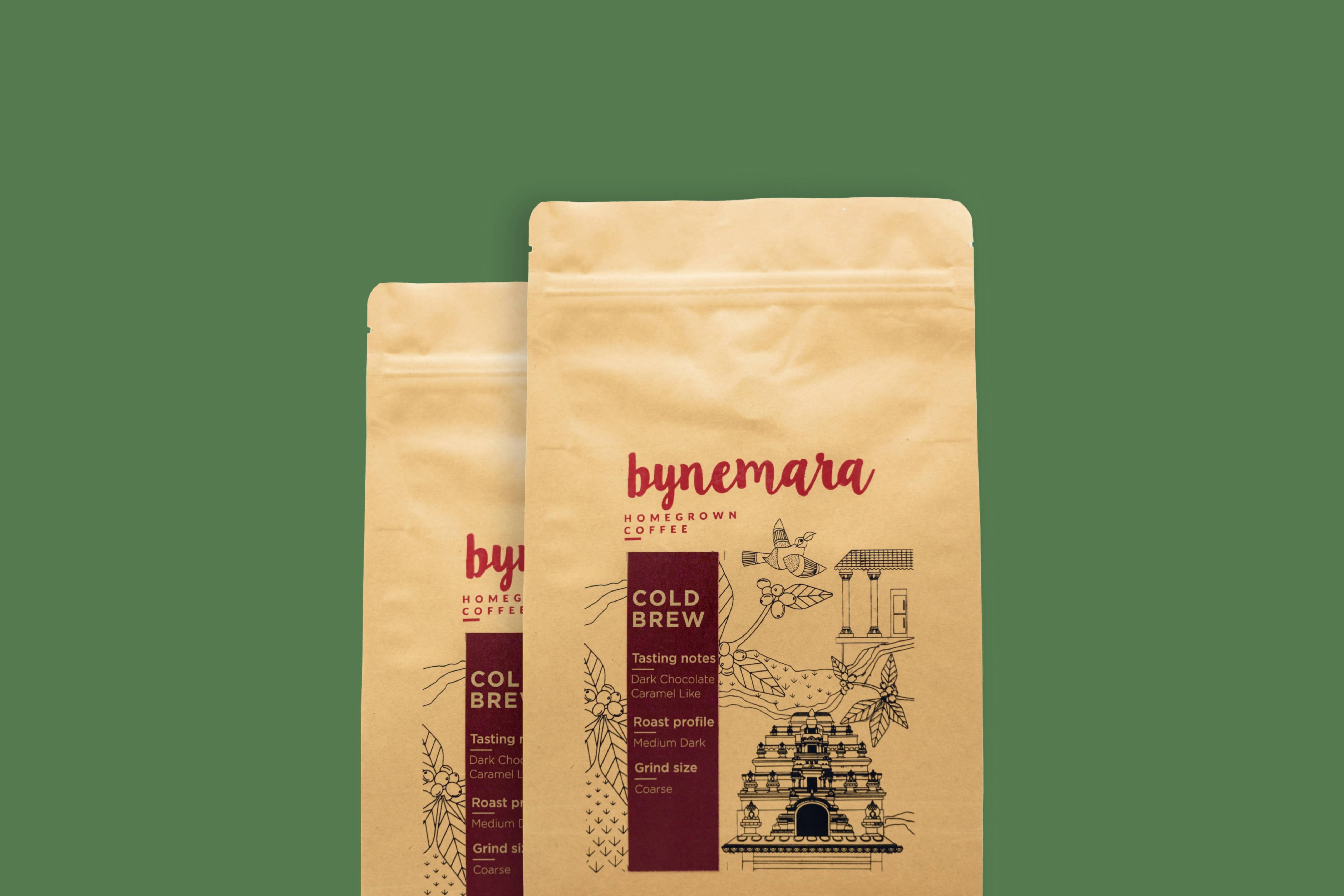 Cold brew packet, tasting notes of dark chocolate and caramel like, grind size coarse