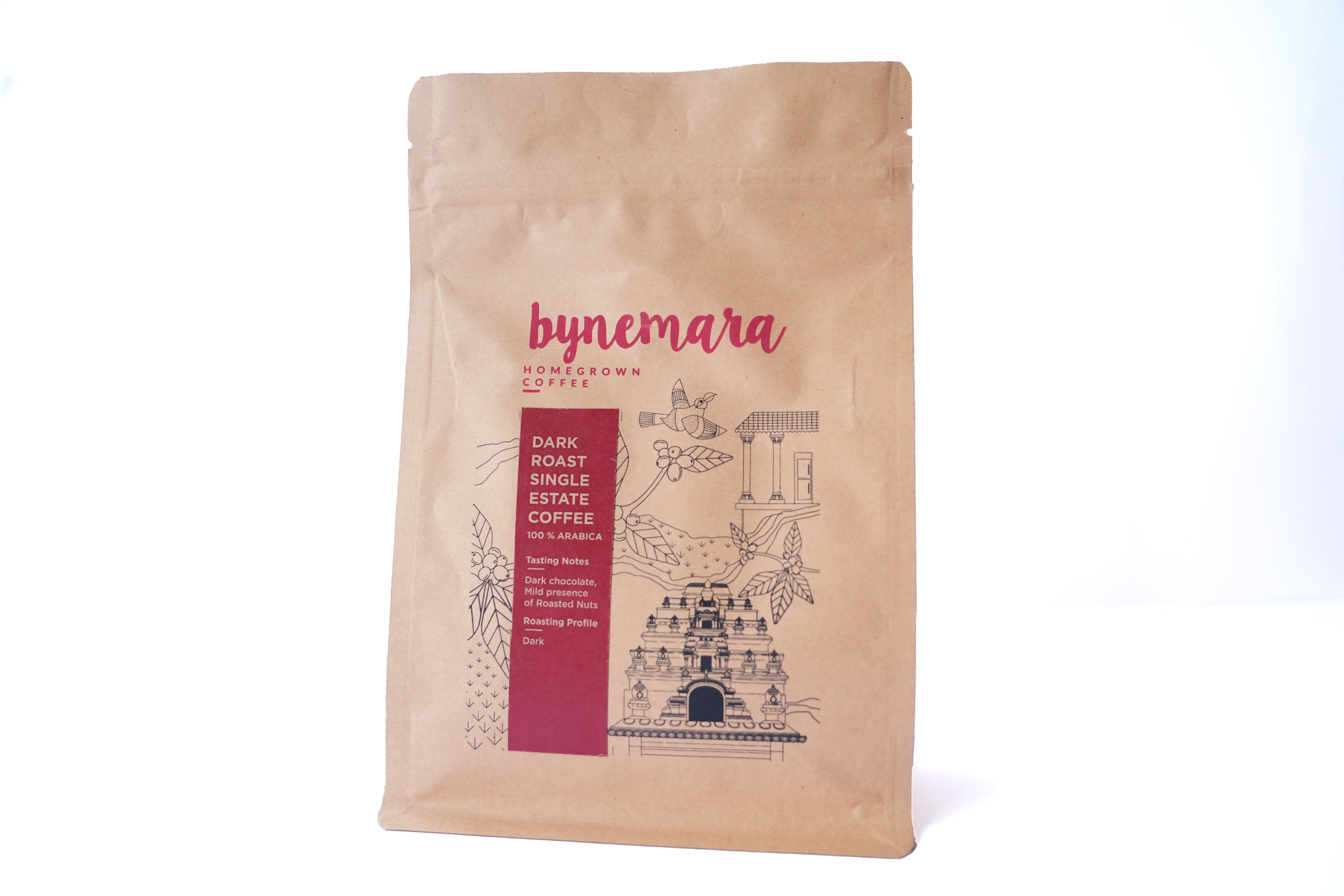 Dark roast single estate coffee, 100% arabica, tasting note of dark chocolate and mild presence of roasted nut