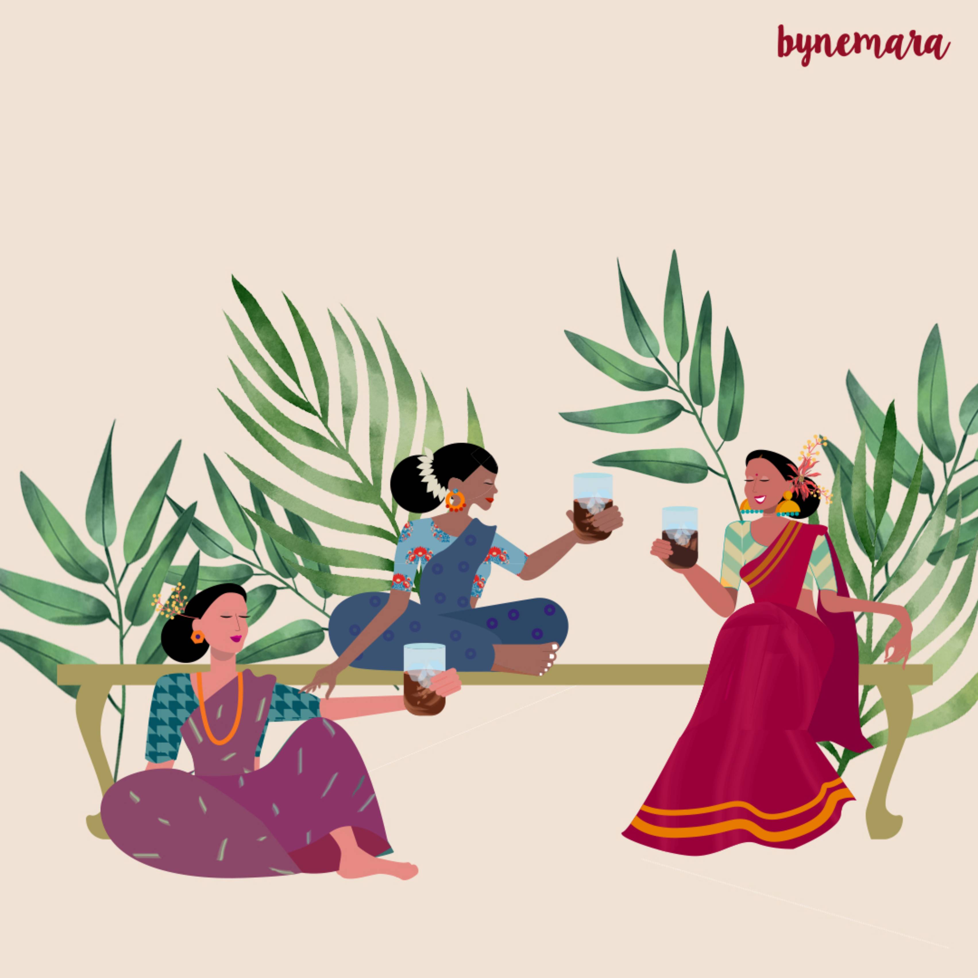 illustration of 3 women in saree sitting on a bench drinking cold coffee