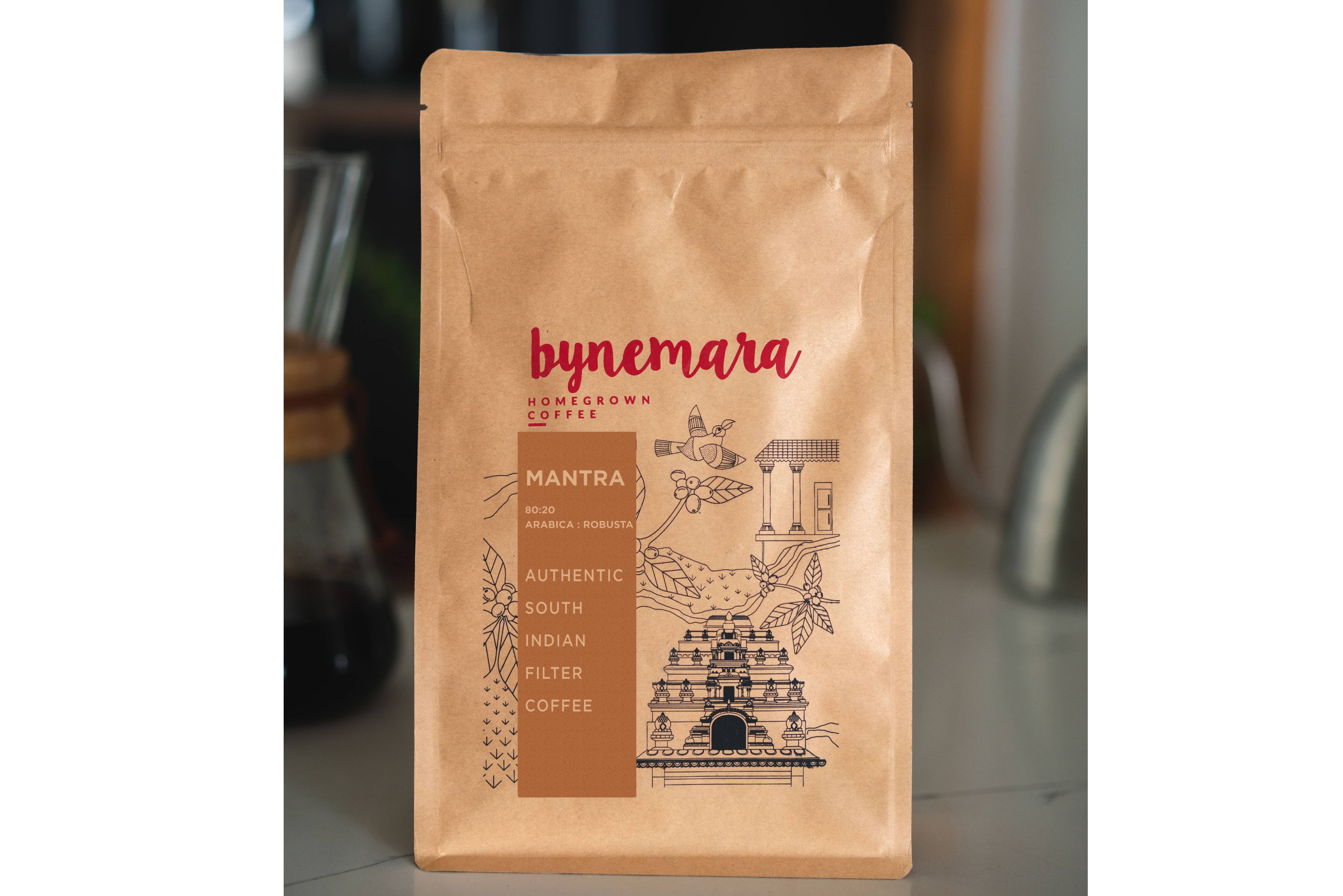 mantra a south india filter coffee with 80% arabica and 20% robusta, sweet and bitter flavor notes